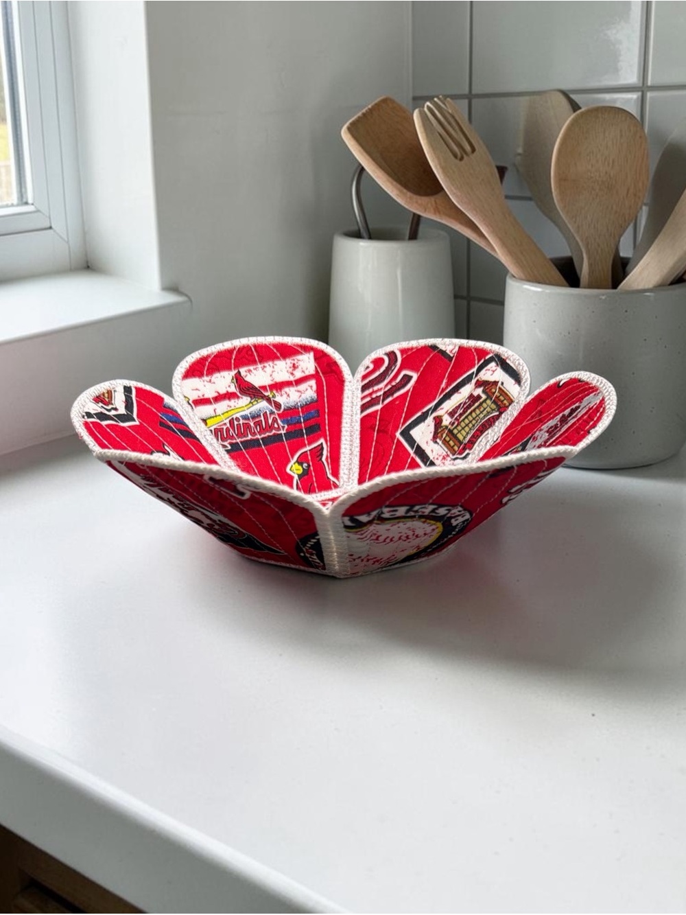 Hand Crafted Basket Center Piece Bowl Quilted 8” x 3” St. Louis Cardinals Fabric